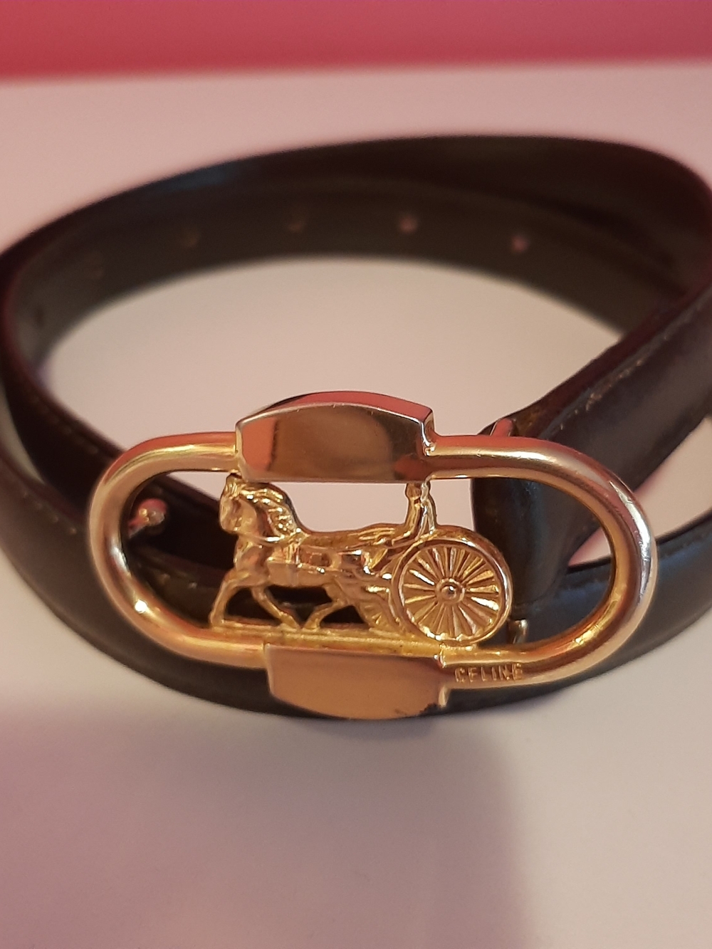 Celine Brown Leather Belt with Gold Horse & Carriage Buckle